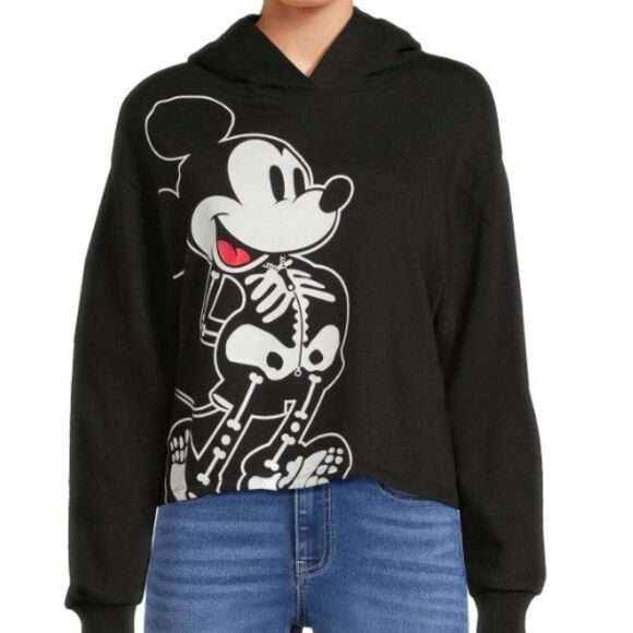 Disney Tops - DISNEY Mickey Mouse Skeleton **FLAWED** Hoodie Juniors XL Black Sweatshirt NWT